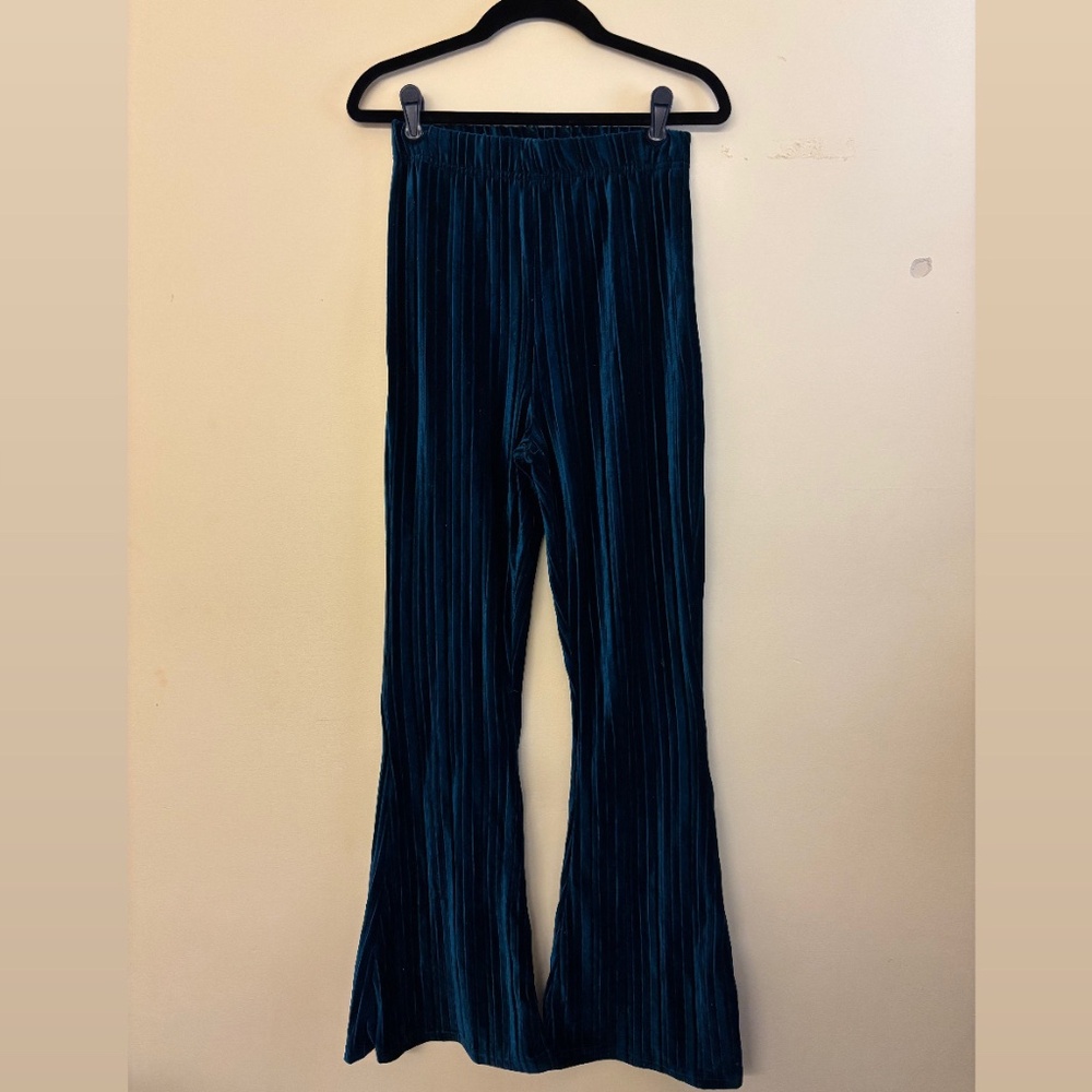 Dark Blue Pleated Velvet Flares